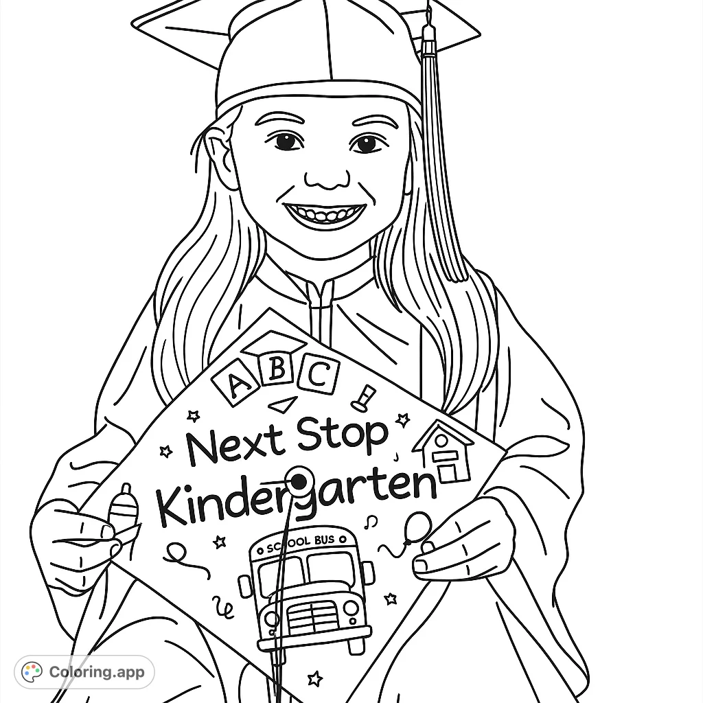Celebrate a milestone with this free printable kindergarten graduation coloring page! A happy child in cap and gown holds a 'Next Stop Kindergarten' sign.