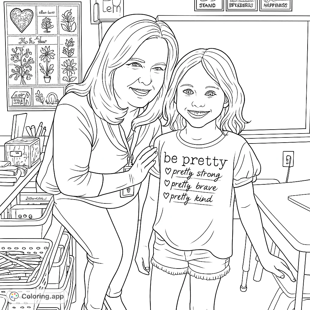 A heartwarming classroom scene featuring a caring teacher and a happy student, ready for a creative coloring adventure. Perfect for all ages!