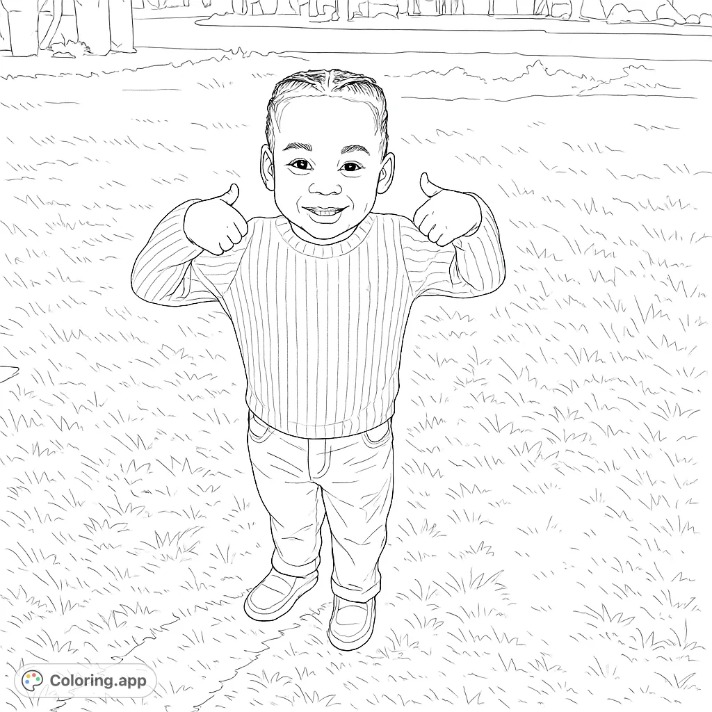 A joyful child gives two thumbs up in a grassy field. A delightful free printable child coloring page, perfect for kids and adults.