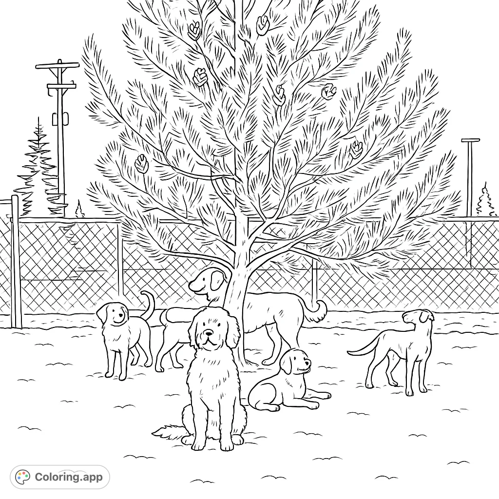 A delightful dog park scene featuring six playful dogs of various breeds under a large, detailed pine tree, perfect for a free printable coloring page.