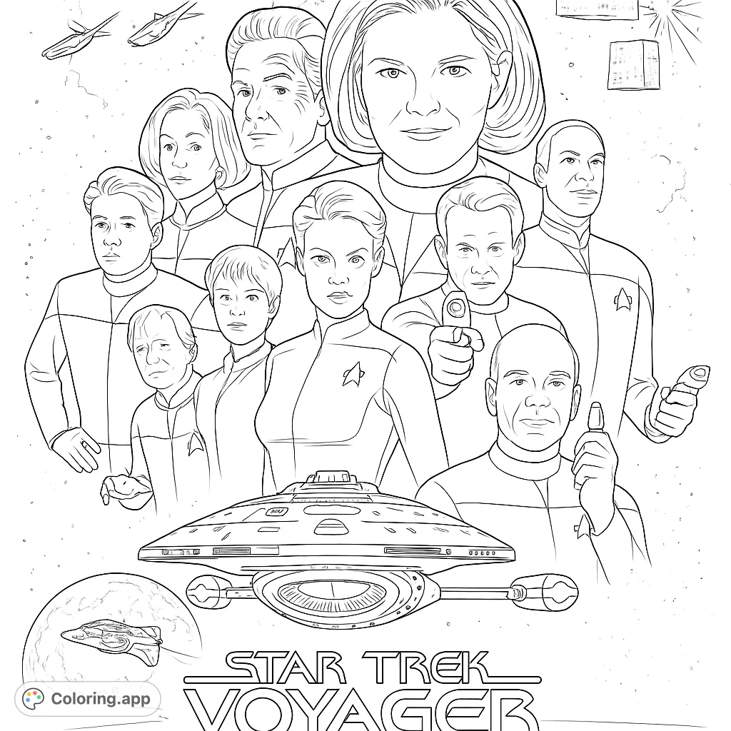 An epic Star Trek Voyager coloring page featuring the full crew ensemble and the iconic USS Voyager starship, ready for a cosmic adventure.
