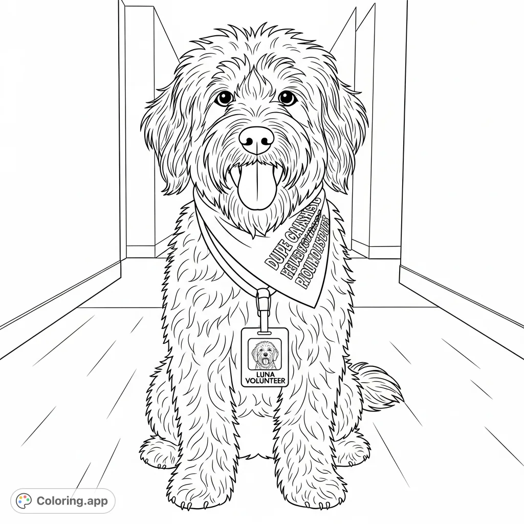 A charming fluffy dog, "Luna Volunteer," sits attentively with a triangular bandana and ID badge, ready for coloring. Perfect for dog lovers!