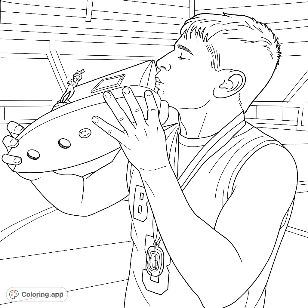Celebrate victory with this free printable sports champion coloring page! A young athlete kisses his trophy, perfect for kids and adults.