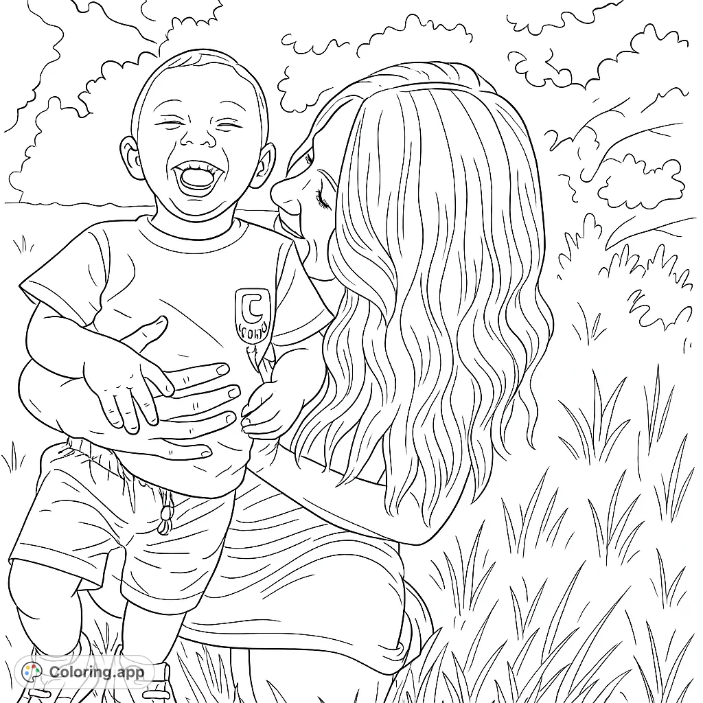 A heartwarming mother and child embrace, capturing a moment of pure joy and laughter in a natural setting. Perfect for family-themed coloring.