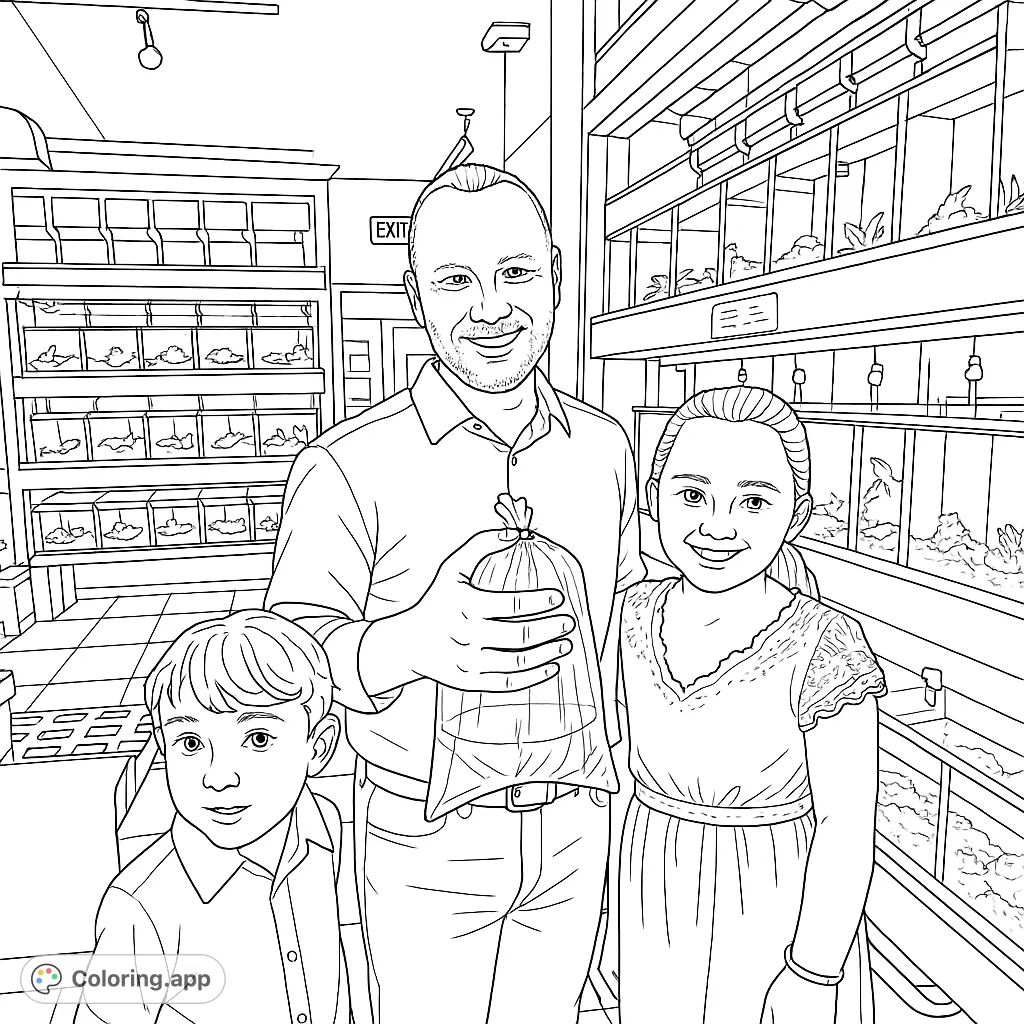A heartwarming pet store coloring page featuring a family of three, including a father holding a new pet fish, surrounded by detailed fish tanks.