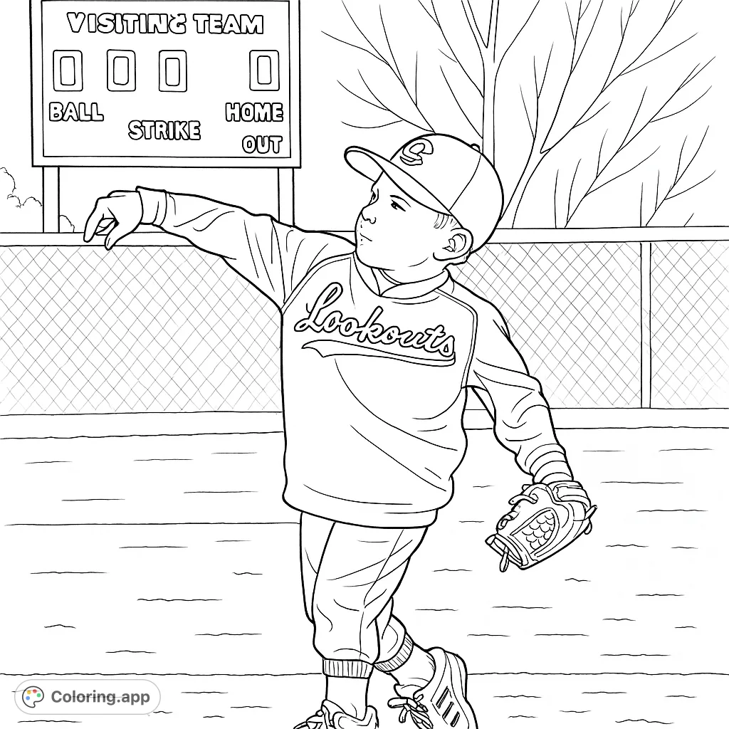 Dynamic baseball player in uniform, mid-pitch, on a field with a scoreboard and fence. A fun, free printable sports coloring page for kids.