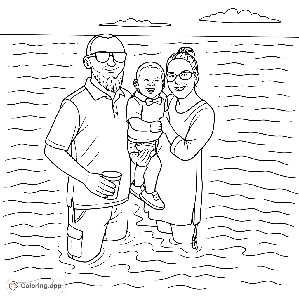 A heartwarming family coloring page featuring parents and their smiling baby standing in wavy water, perfect for a free printable coloring page.