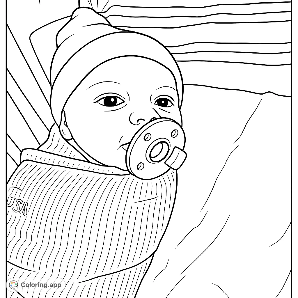 Adorable baby in a cozy swaddle with a pacifier, perfect for a heartwarming free printable baby coloring page for kids and adults.