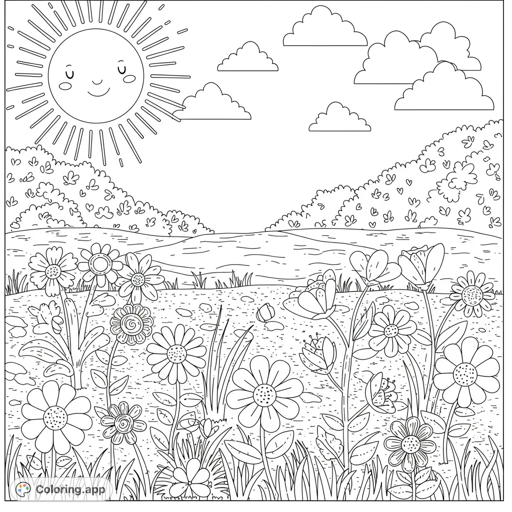 A delightful spring nature scene featuring a smiling sun, a vibrant flower field, calm water, and fluffy clouds, perfect for a cheerful coloring adventure.