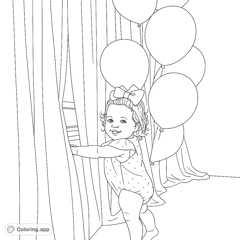 An adorable baby with a bow peeks from behind curtains, surrounded by balloons. A delightful free printable baby coloring page for kids and adults.