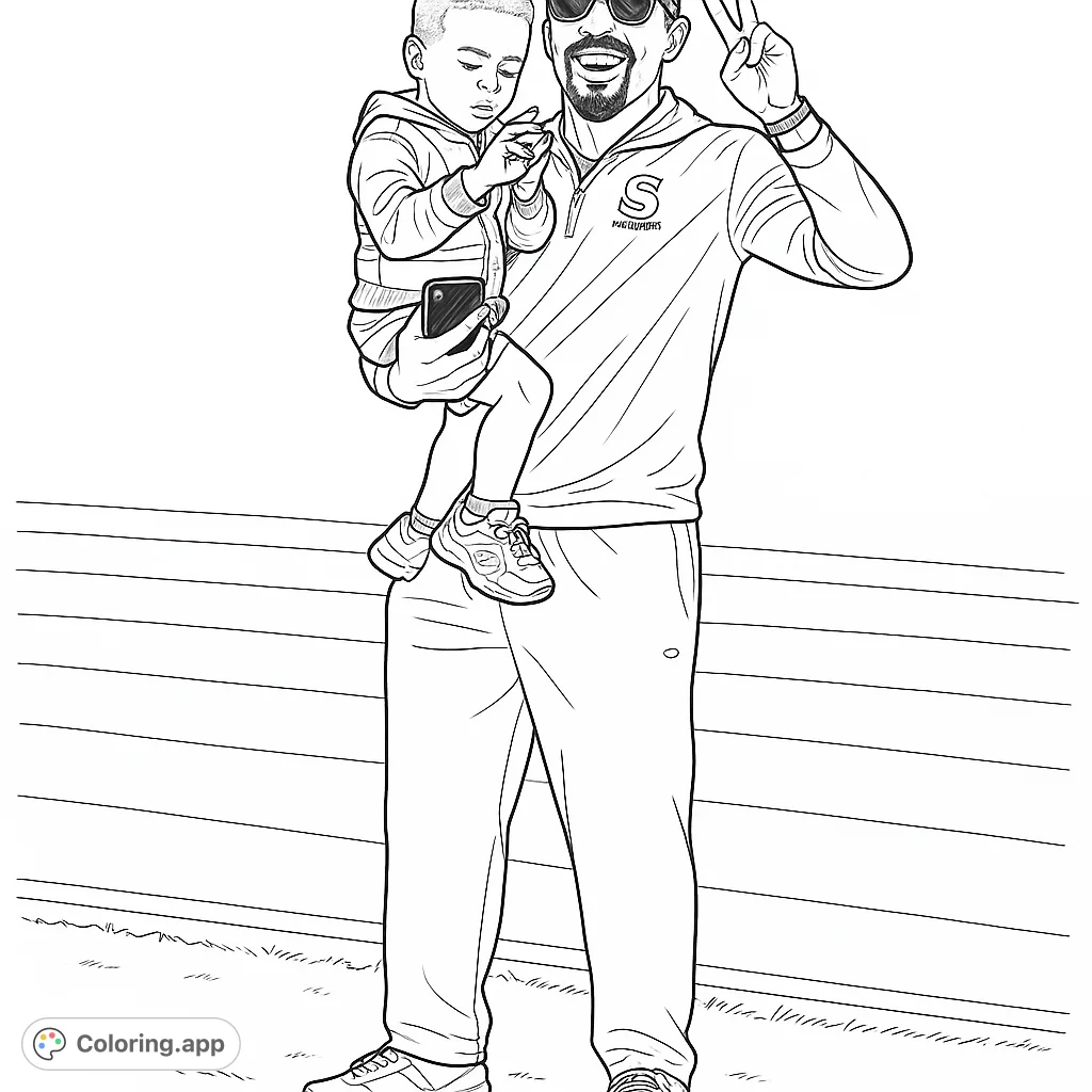 Heartwarming father and son bonding over a smartphone, perfect for a free printable family coloring page. Capture this special moment!