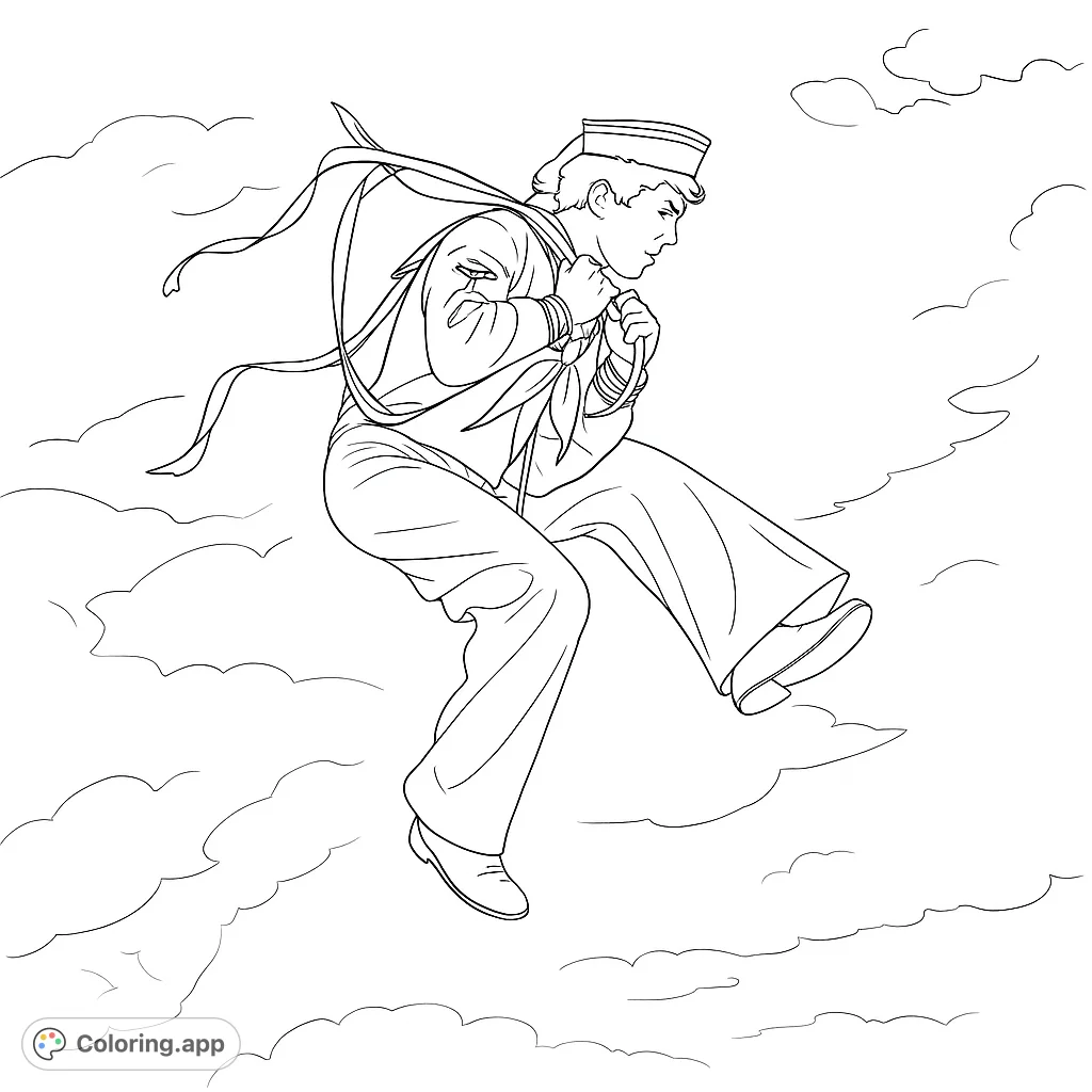 Dynamic sailor in classic uniform leaping through fluffy clouds. A free printable coloring page for kids and adults, perfect for creative expression.