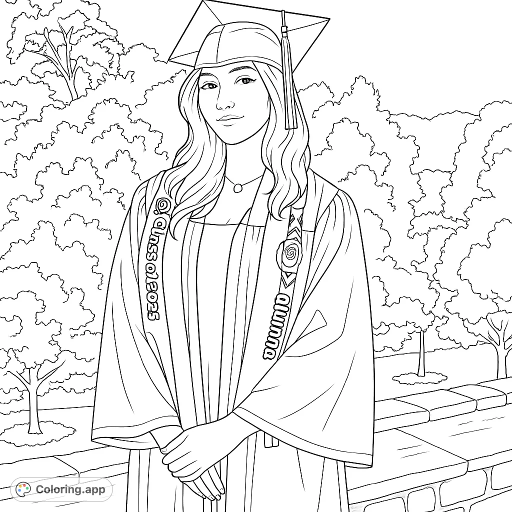 Celebrate achievement with this graduation coloring page! A proud graduate in cap and gown stands amidst lush greenery, ready for vibrant colors.