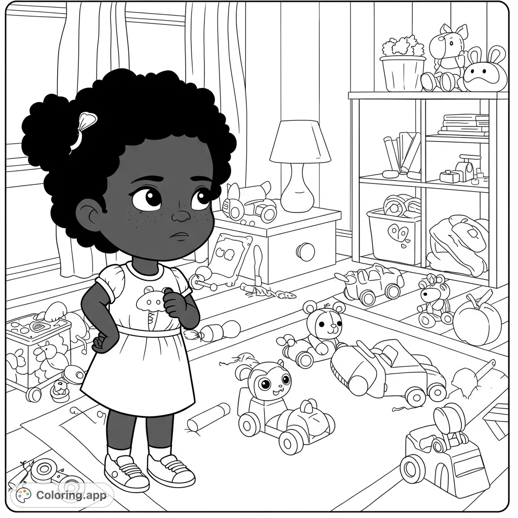 A young girl surveys her messy room filled with toys. A fun, free printable coloring page for kids to explore organization and creativity.