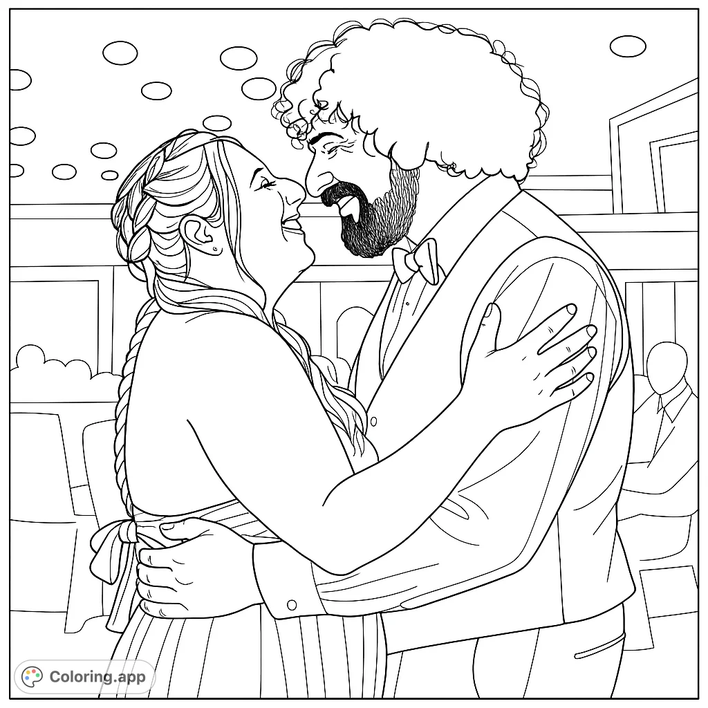 A sweet coloring page of a bride and groom embracing on their wedding day. A beautiful moment to color and share with loved ones.