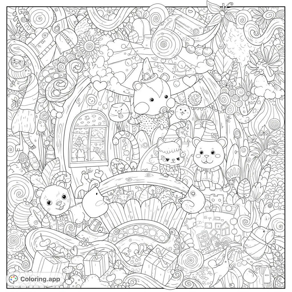 Dive into a whimsical candy land with adorable bears, a cat, and birds amidst swirls, lollipops, and gifts. A delightful, intricate fantasy coloring page.