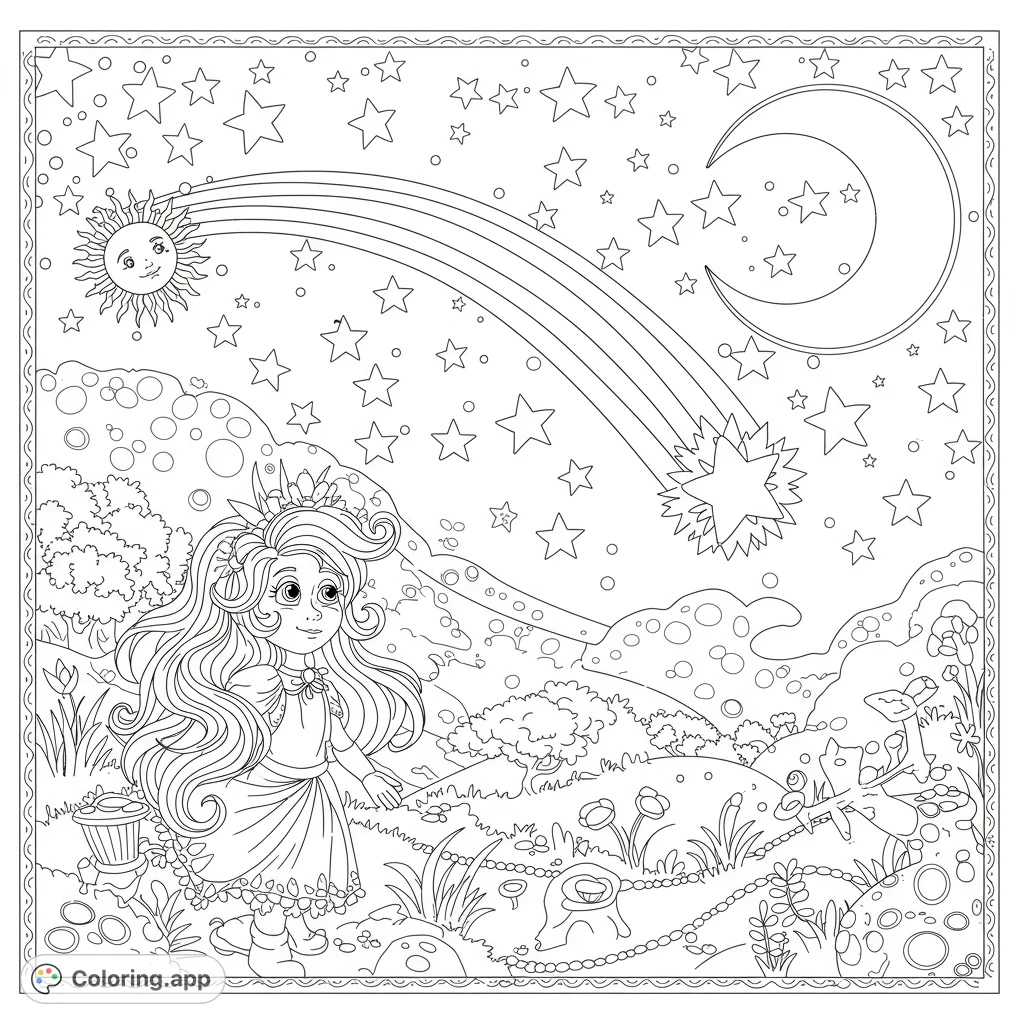 A magical fairytale princess stands in a whimsical landscape under a starry sky with a rainbow, sun, moon, and shooting star. Free printable coloring page.