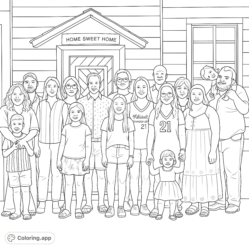 A heartwarming family portrait coloring page featuring a large, diverse family of all ages gathered in front of their home. Perfect for all ages!