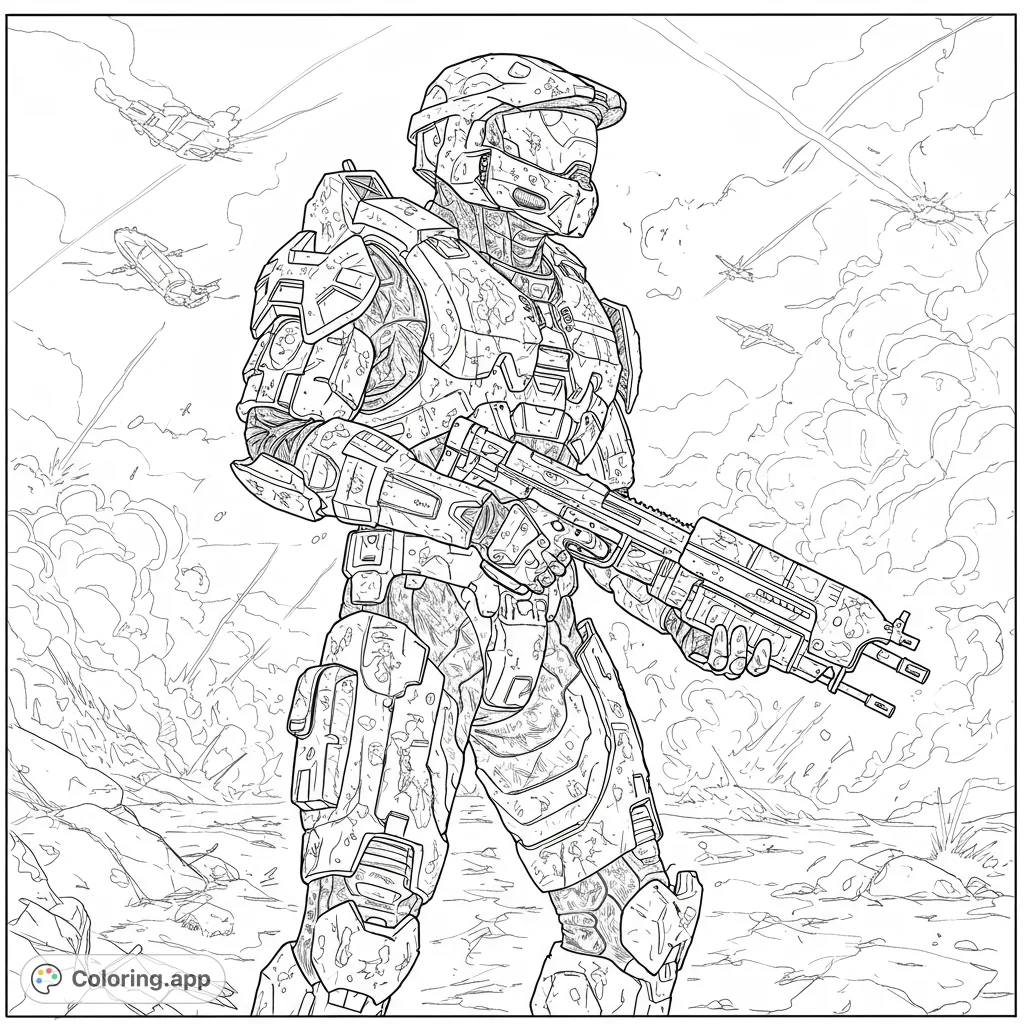 An epic futuristic soldier coloring page featuring a heavily armored warrior with a rifle amidst a chaotic battle scene with flying vehicles and explosions. Free printable.