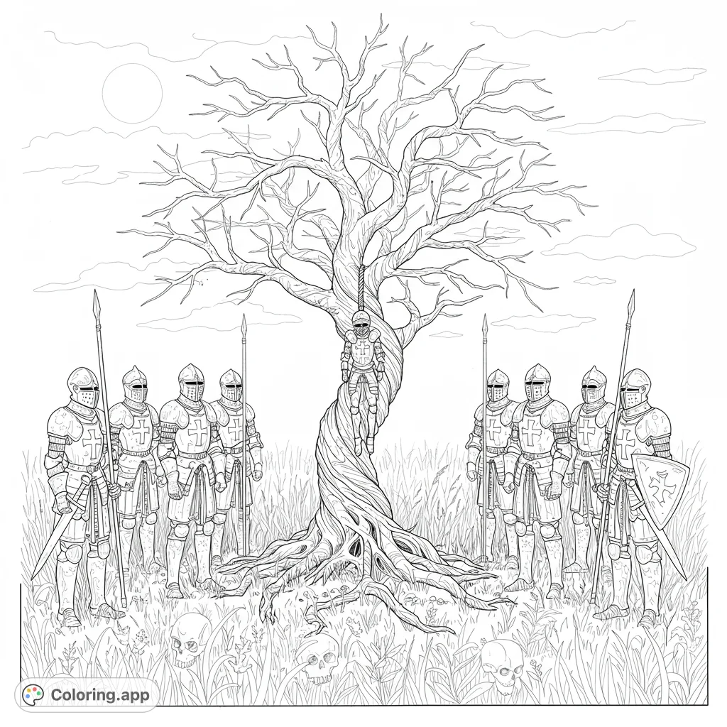 A grim medieval scene featuring armored knights guarding a gnarled gallows tree with a hanging suit of armor, surrounded by skulls and tall grass.