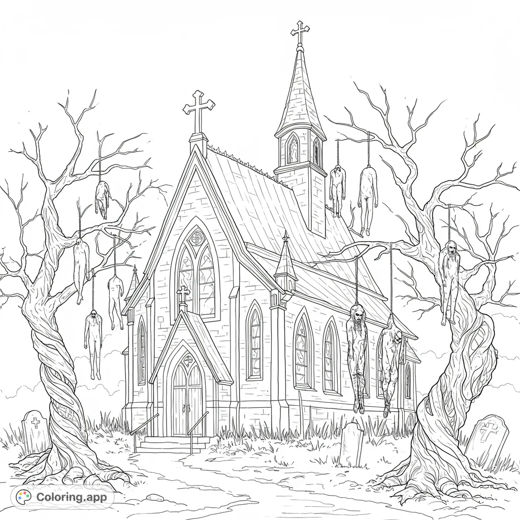 A chilling gothic church scene with twisted trees and hanging figures. Perfect for horror fans seeking a spooky, free printable coloring page.
