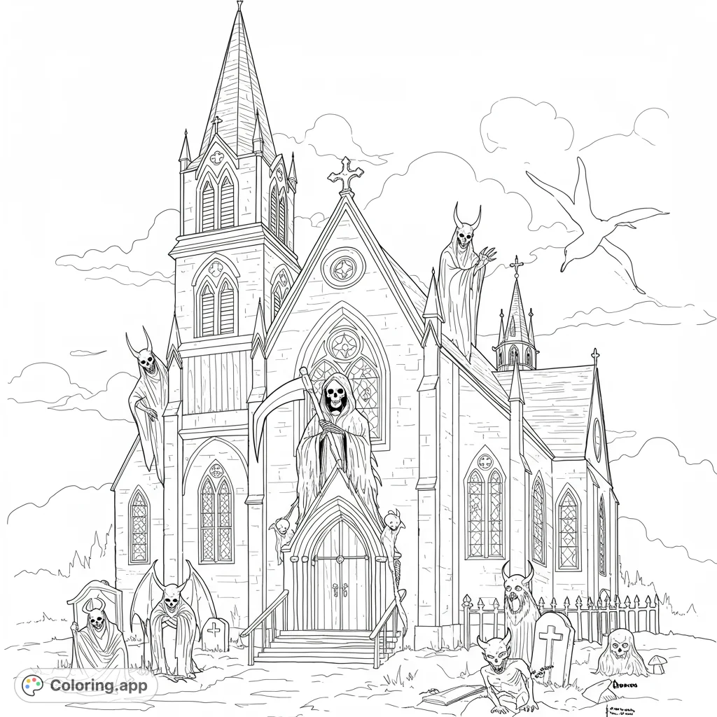 Explore a haunting gothic church scene featuring the Grim Reaper, skeletal figures, and eerie tombstones. A spooky, detailed free printable coloring page.