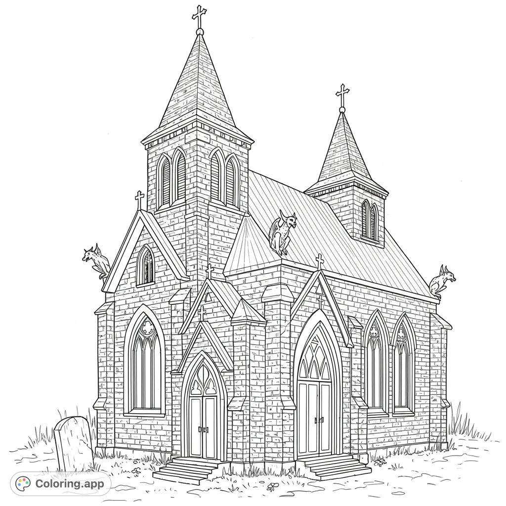 Intricate gothic church coloring page with spires, arched windows, brickwork, and detailed gargoyles. A free printable architectural design.