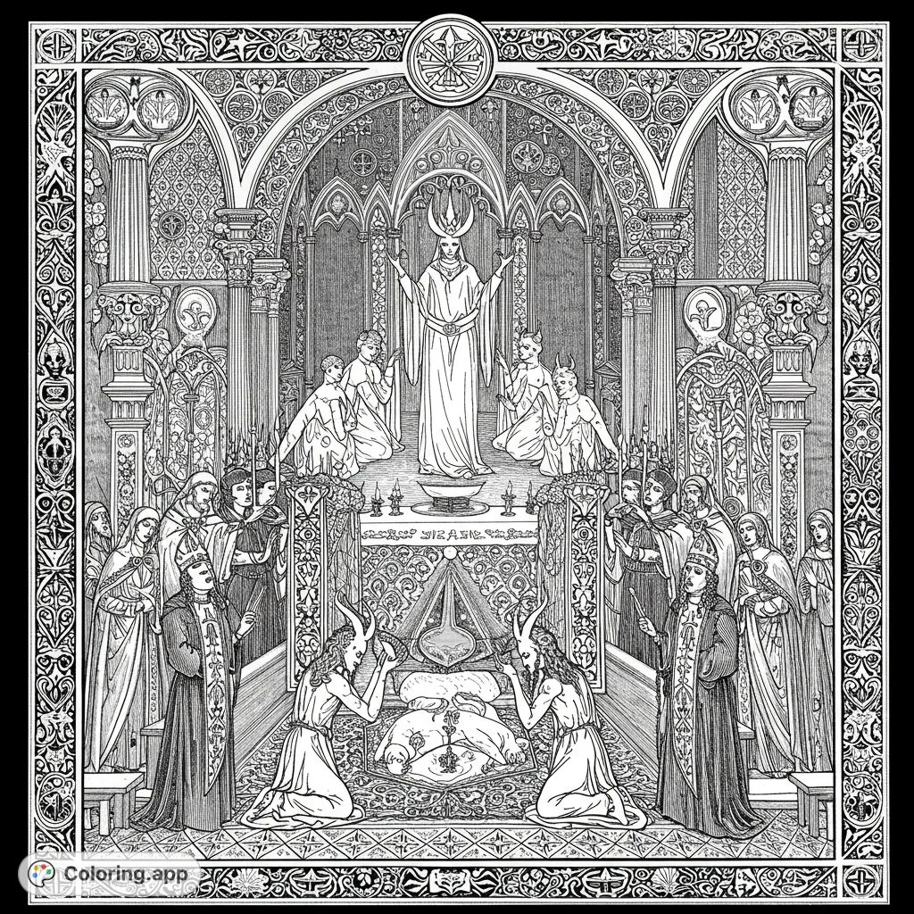 Immerse yourself in a detailed gothic ritual scene. A robed figure presides over horned acolytes and observers in an ornate, arch-filled temple, perfect for intricate coloring.