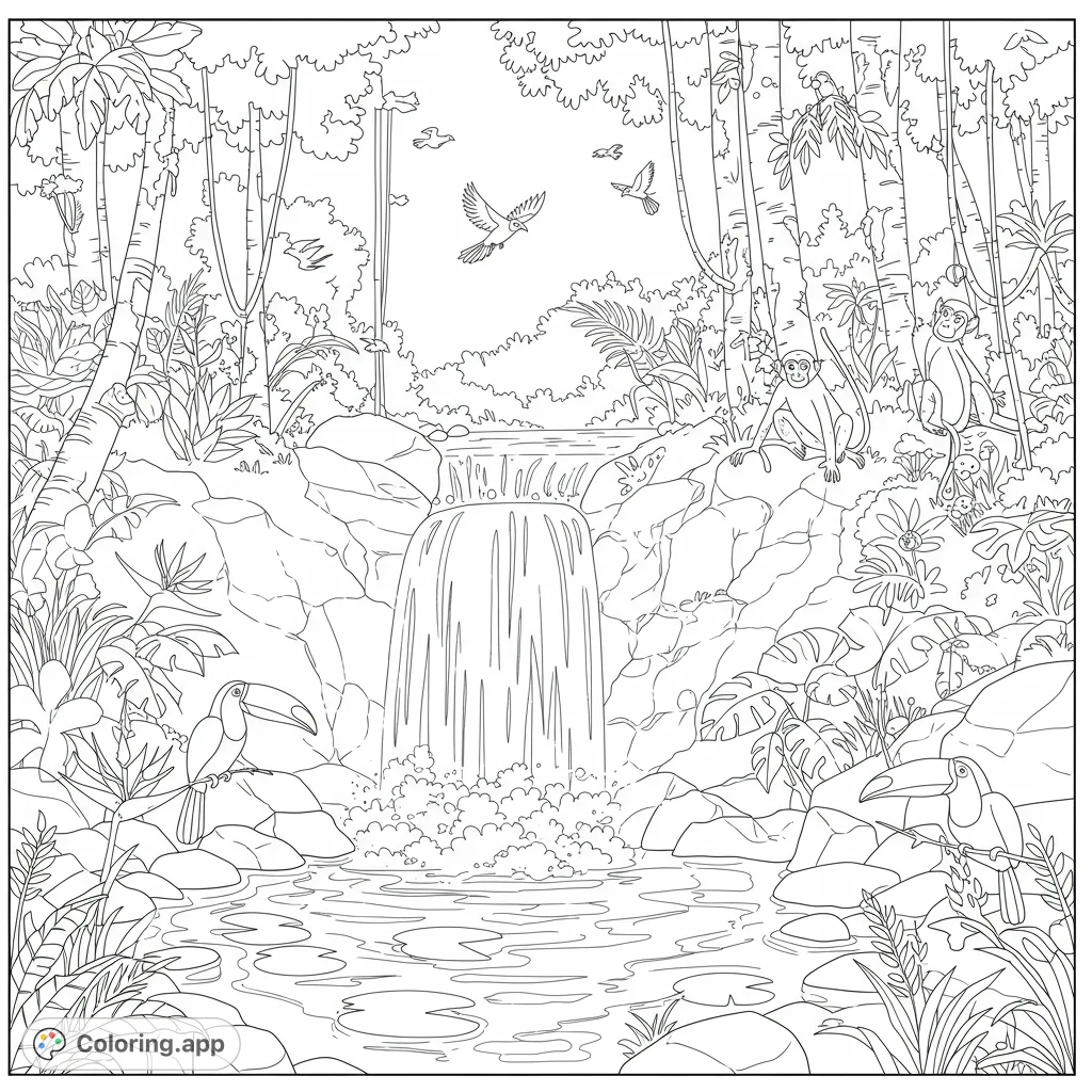 Explore a lush jungle waterfall scene with playful monkeys, exotic toucans, and soaring birds. A free printable rainforest coloring page for all ages.
