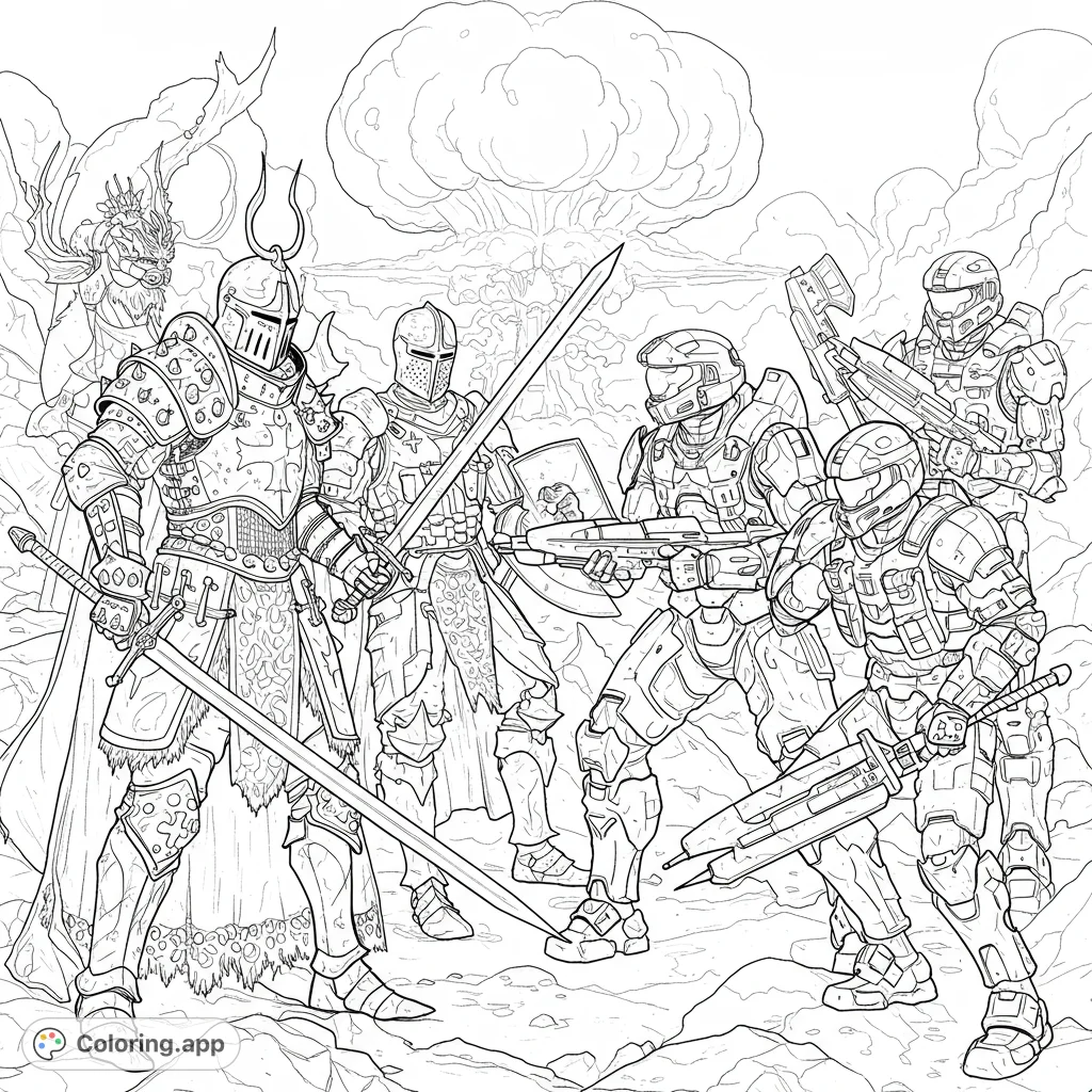 An epic fantasy vs. sci-fi crossover coloring page featuring medieval knights battling futuristic soldiers against a post-apocalyptic backdrop.