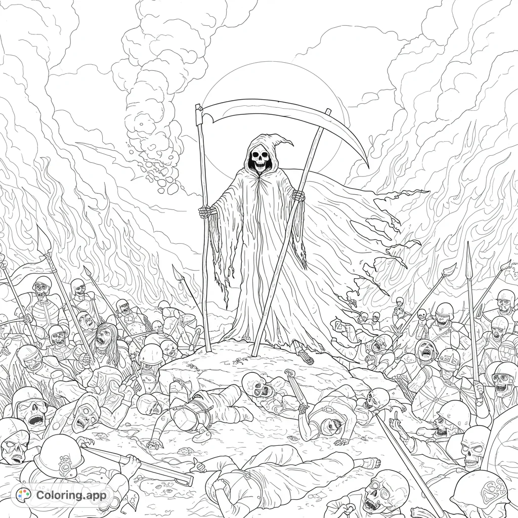 An intense dark fantasy coloring page featuring the Grim Reaper standing over a battlefield of fallen warriors amidst swirling flames and smoke.