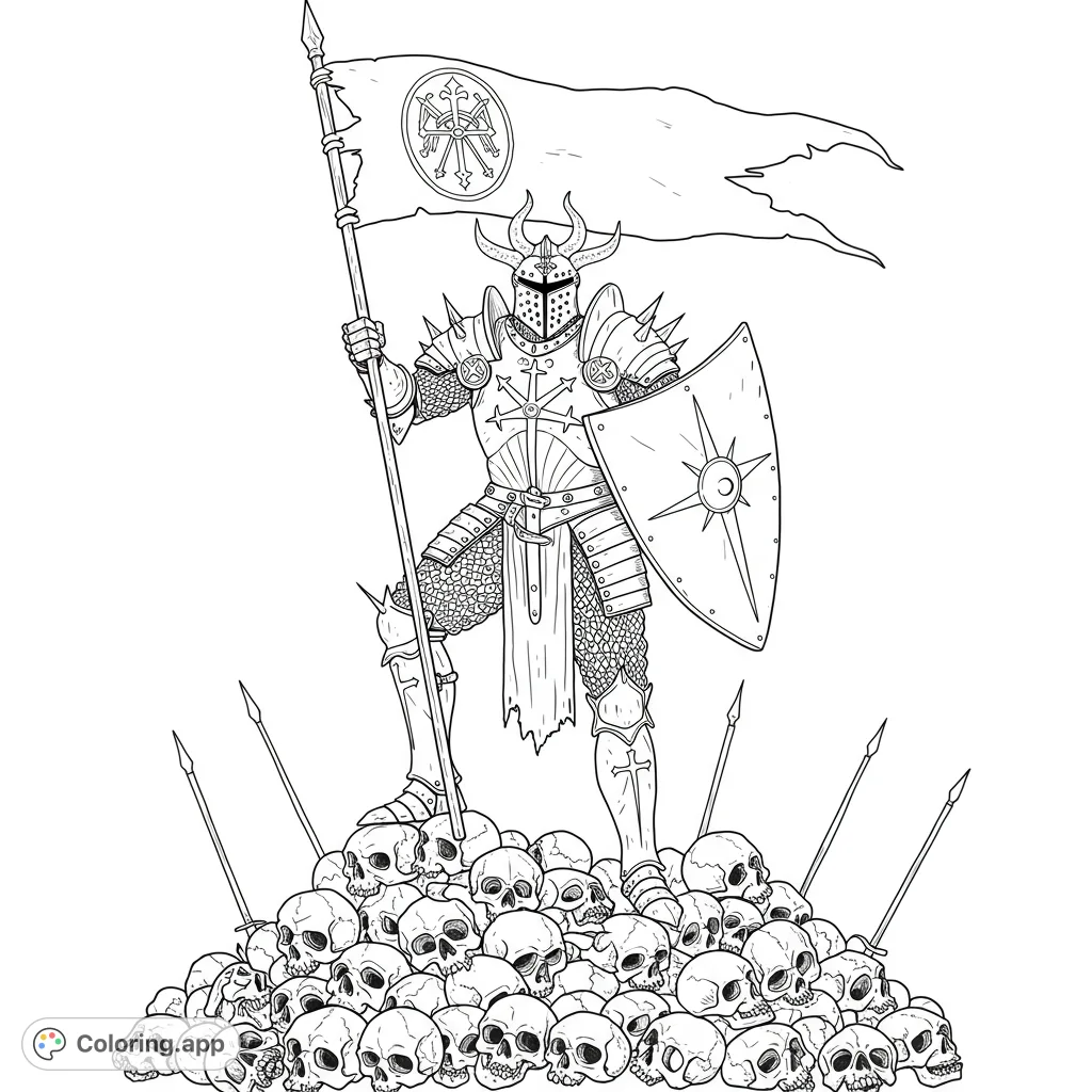 A powerful knight in spiked armor stands victorious on a mound of skulls, holding a spear with a tattered flag and a starburst shield. A challenging fantasy coloring page.