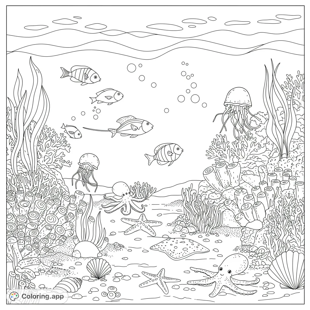 Dive into a vibrant underwater world! Color playful fish, octopuses, jellyfish, and starfish amidst intricate coral reefs and swaying sea plants.