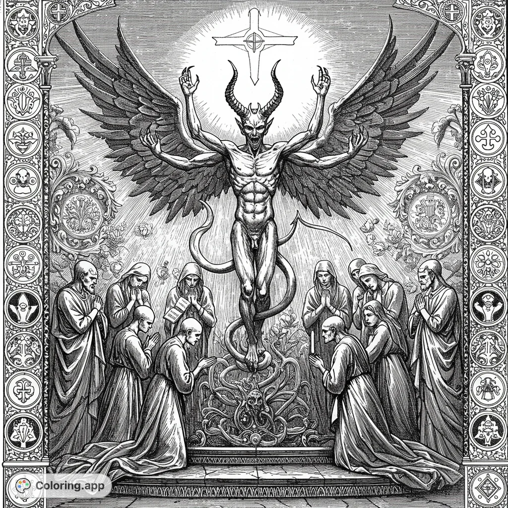 Intricate gothic scene featuring a winged, horned demon revered by robed figures, set within an ornate, detailed frame. A dark fantasy coloring page.