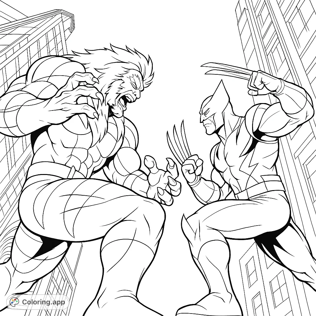 Dynamic superhero battle scene featuring two iconic clawed characters in an urban setting, ready for action. A free printable coloring page for fans!