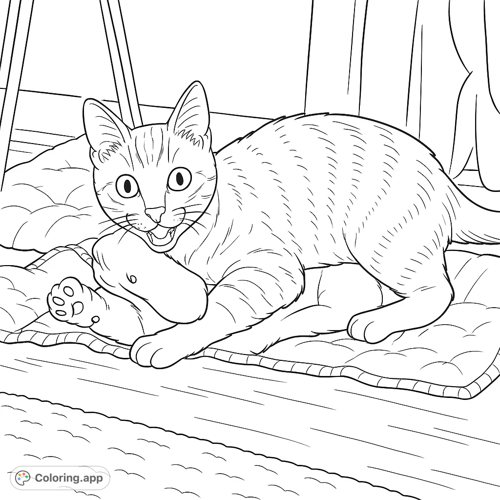 A playful cat with wide eyes and an open mouth lies on a quilted mat. This free printable cat coloring page is perfect for kids and adults.