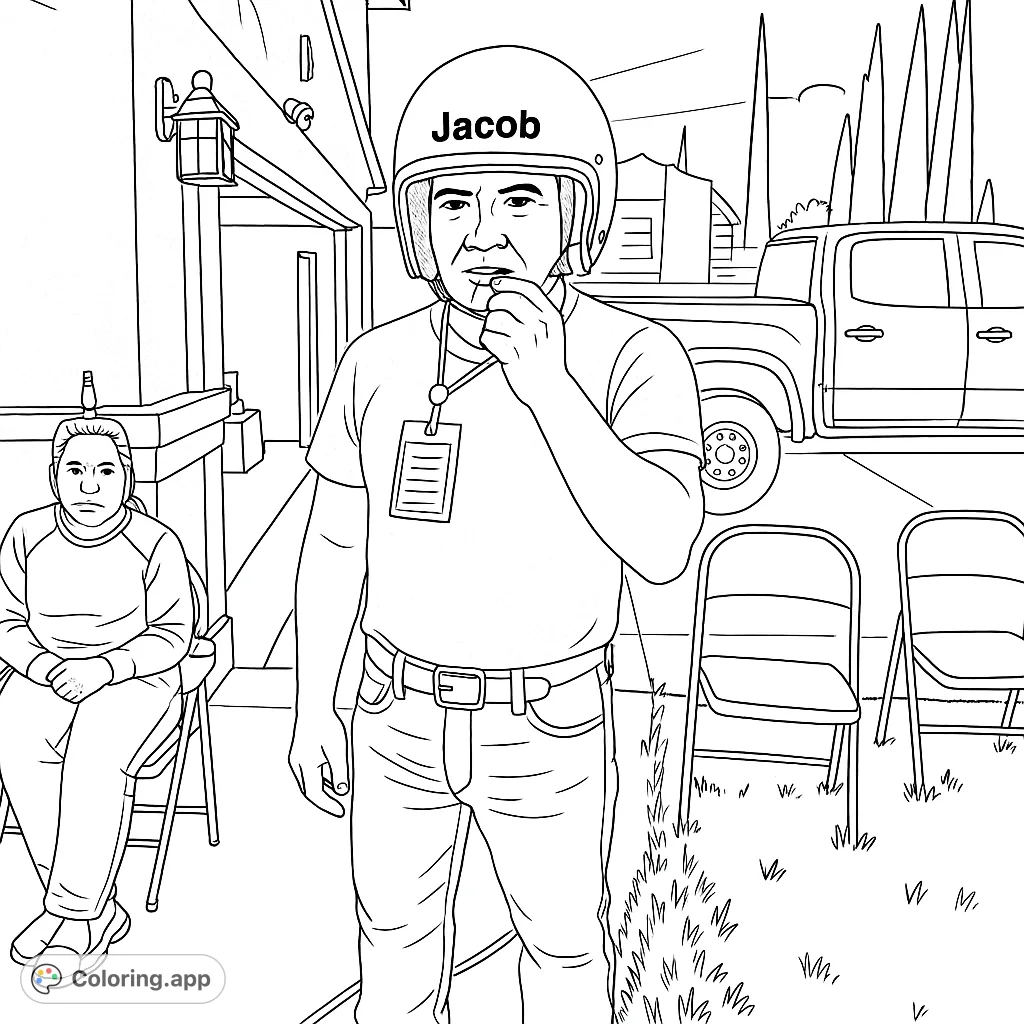 A man in a helmet with a whistle and ID badge, ready to direct. Features a woman sitting and a truck in the background.