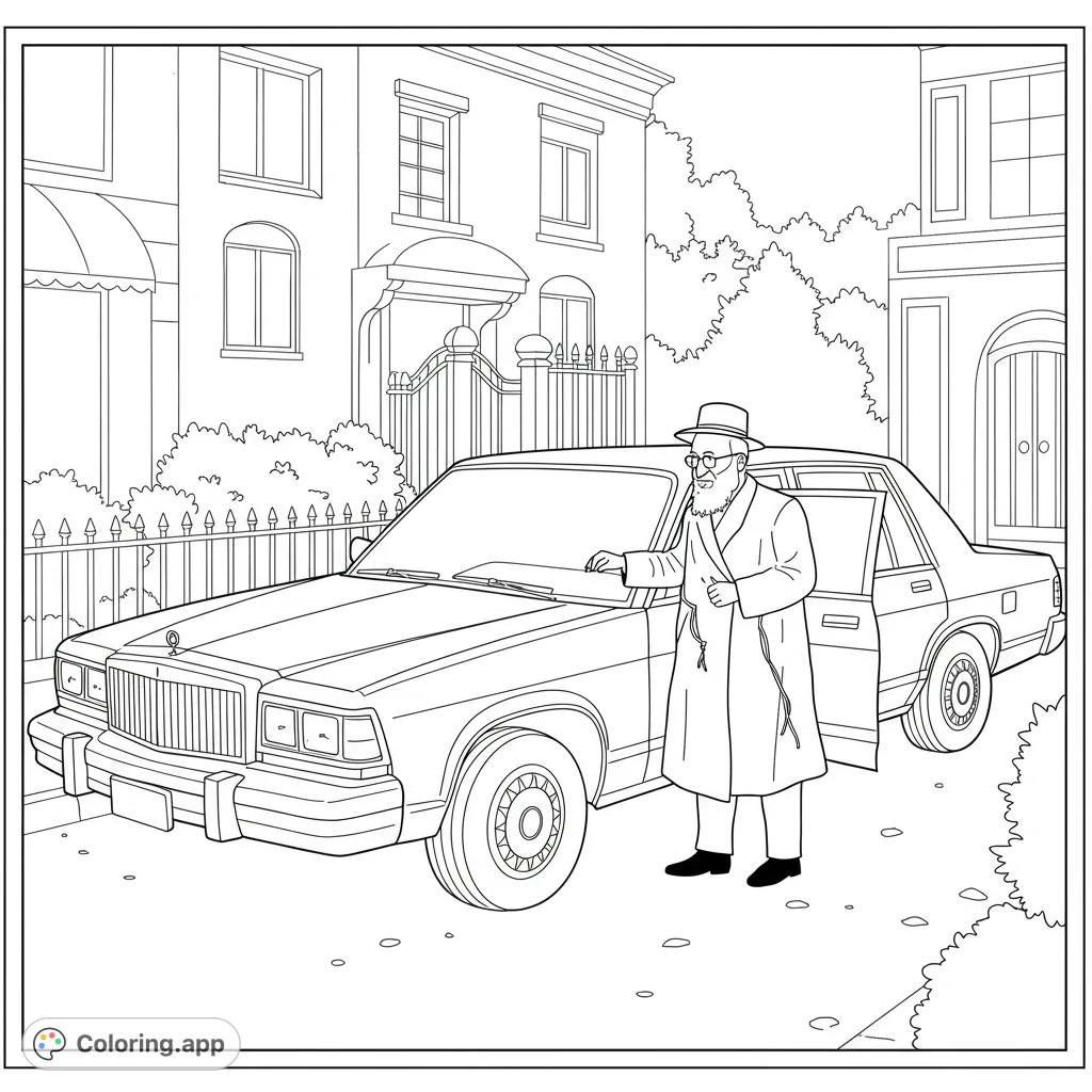 Color a distinguished man in traditional attire beside a classic car on a city street. A free printable Jewish community coloring page for all ages.