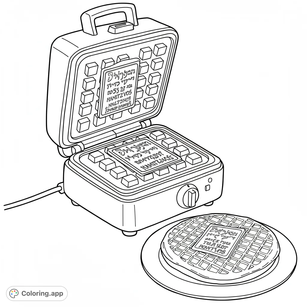 A delicious waffle coloring page featuring an open waffle maker and a fresh waffle on a plate. Free printable coloring page for kids and adults, perfect for breakfast fun!