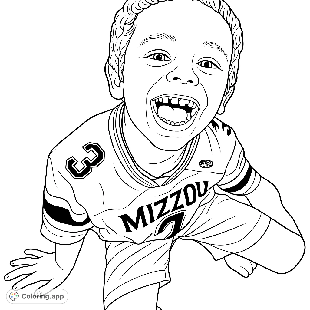 A delightful free printable coloring page featuring a laughing child in a sports jersey, perfect for kids and sports fans. A Mizzou coloring page for all ages!