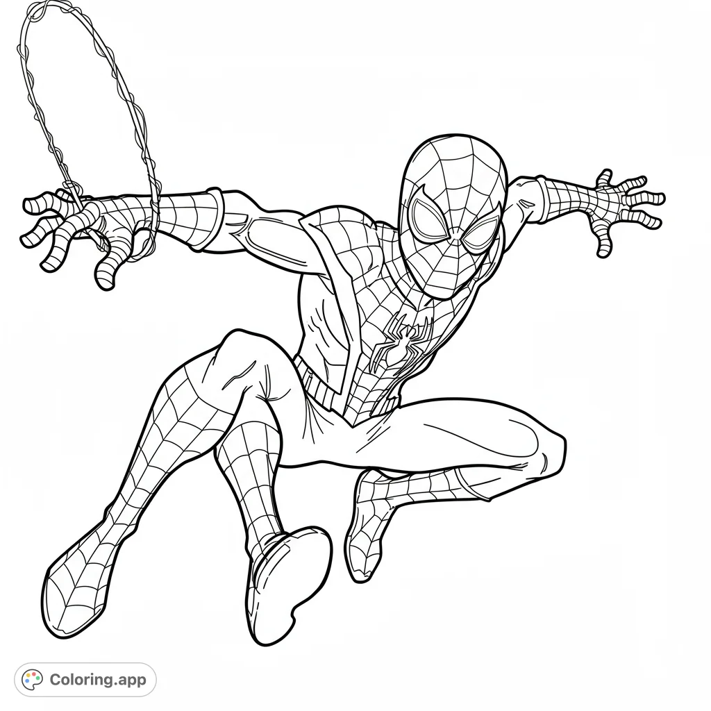Dynamic Spider-Man coloring page featuring the iconic hero in an action pose, ready to swing into adventure. A free printable superhero coloring page.