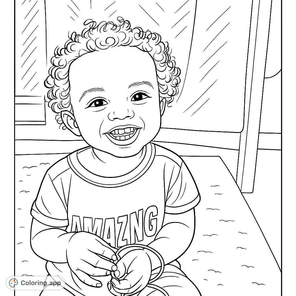 An adorable, smiling baby with curly hair, wearing an 'AMAZING' shirt, holding rings. A heartwarming baby coloring page for all ages.
