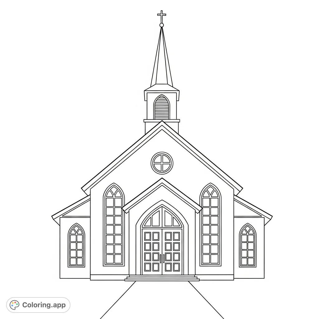A charming, simple church coloring page featuring a classic facade with double doors, arched windows, and a steeple. Perfect for all ages!