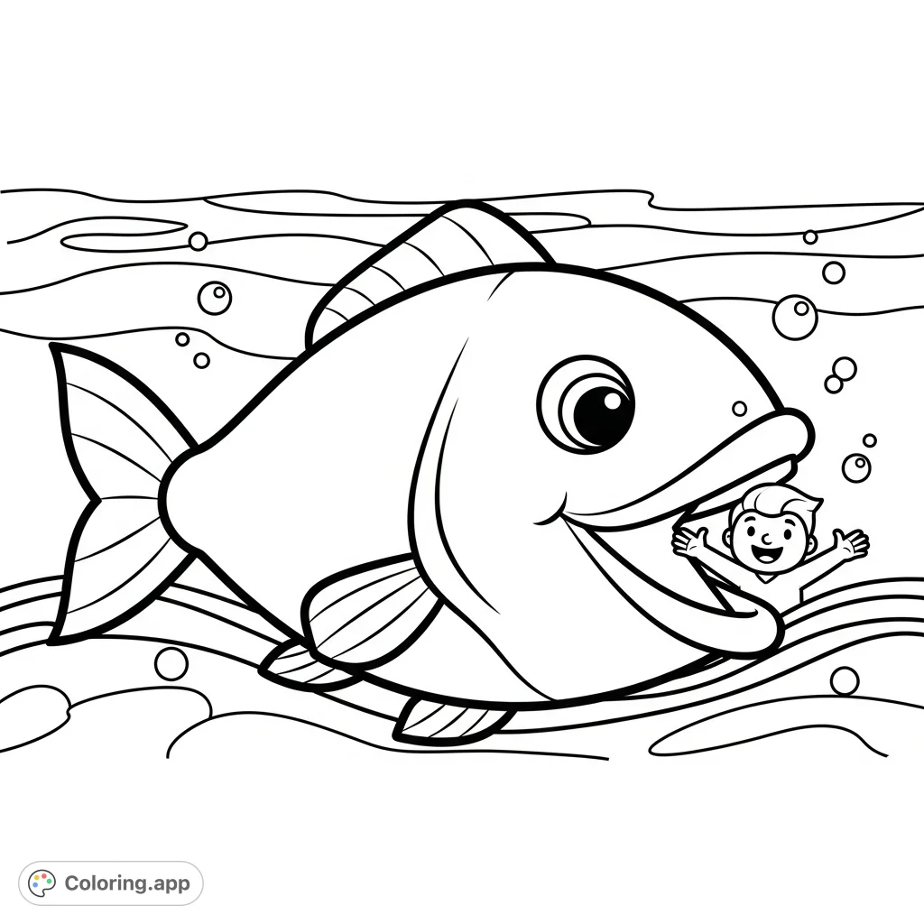 A simple and engaging Jonah and the Big Fish coloring page, perfect for young children to explore the classic Bible story with large, easy-to-color shapes.