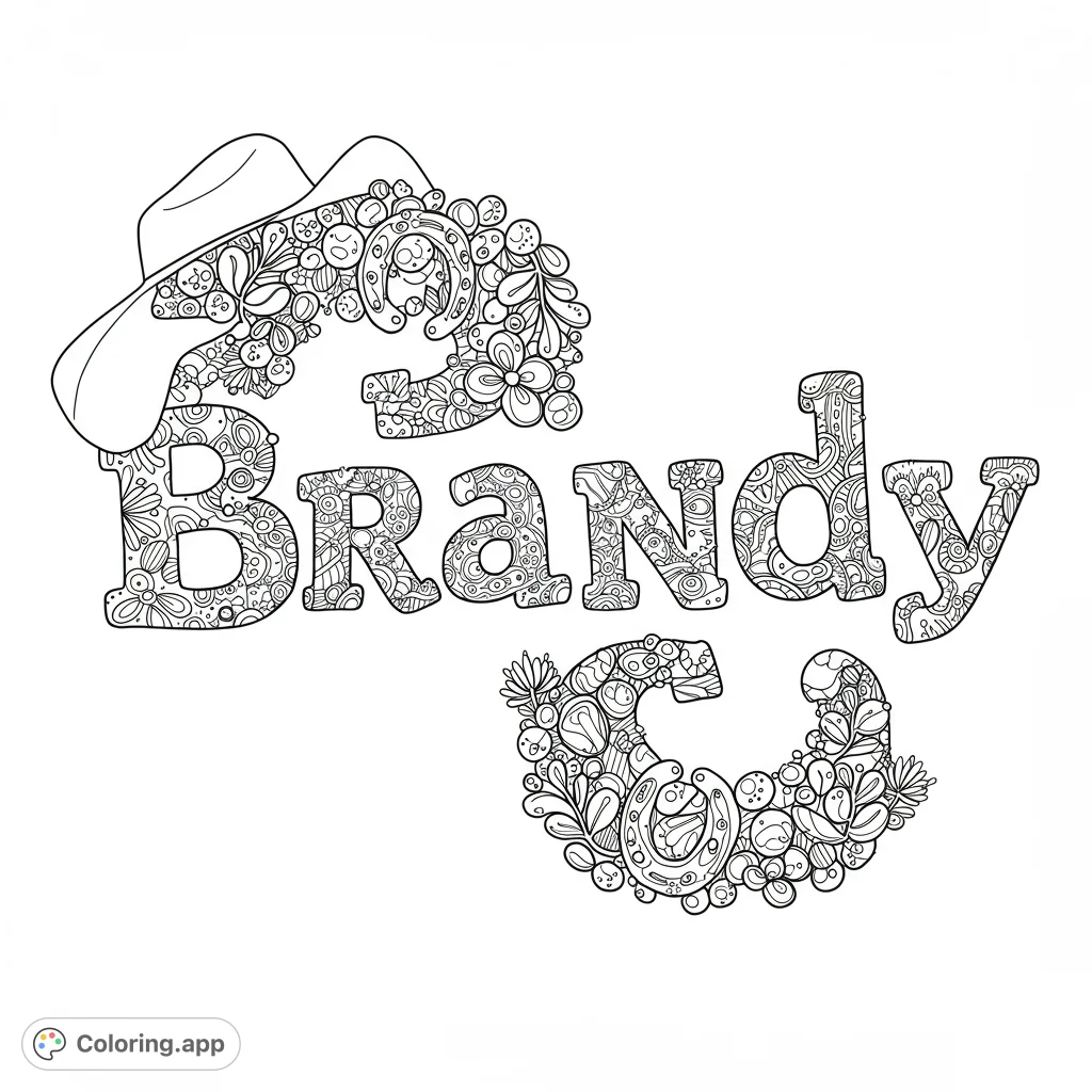 A unique Brandy name coloring page featuring intricate zentangle patterns, a cowboy hat, and horseshoe designs for a personalized country theme.