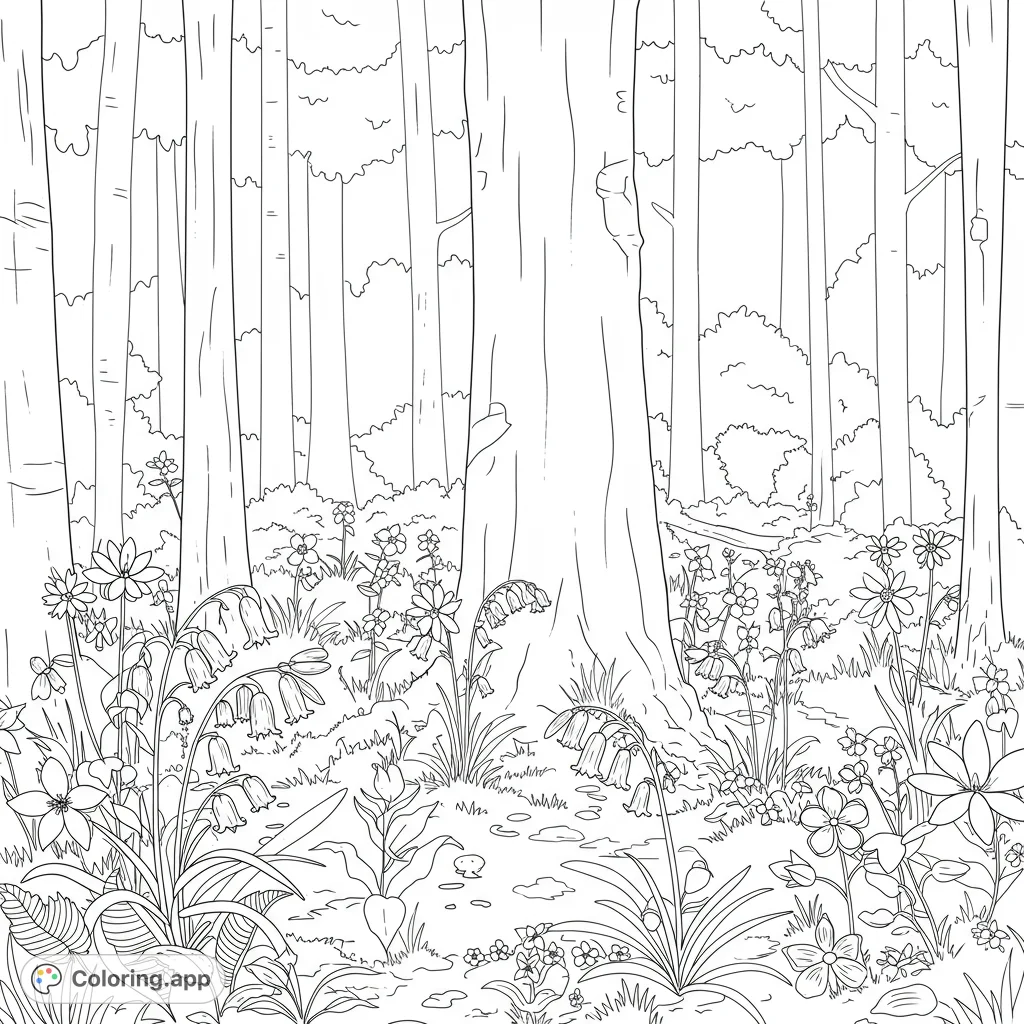 A serene forest scene with tall trees and a vibrant array of wildflowers, perfect for nature lovers and a free printable forest coloring page.
