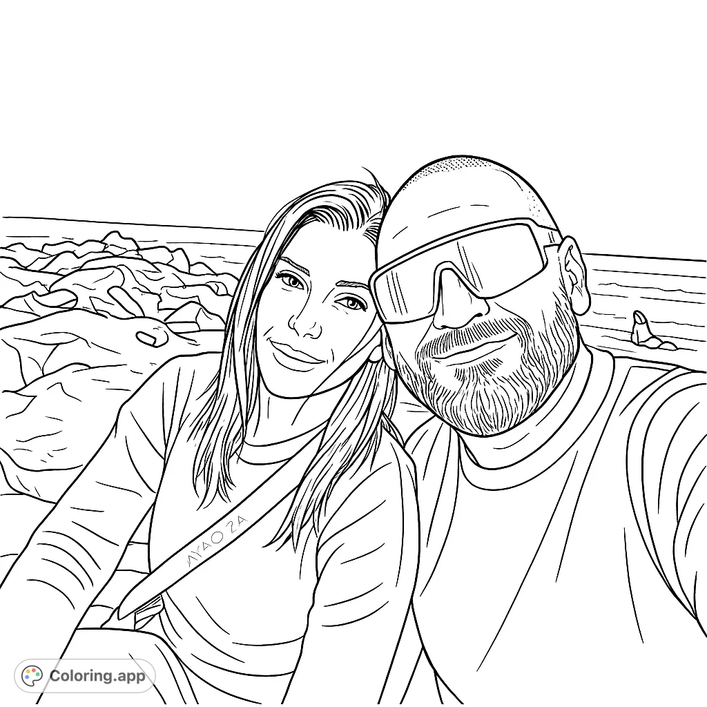 Capture a joyful moment with this couple selfie coloring page. Features a smiling duo by a rocky coast, perfect for personalizing with your favorite colors.