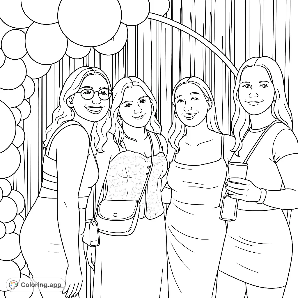 Four smiling friends pose at a festive party, surrounded by balloons and streamers. A fun, free printable celebration coloring page.