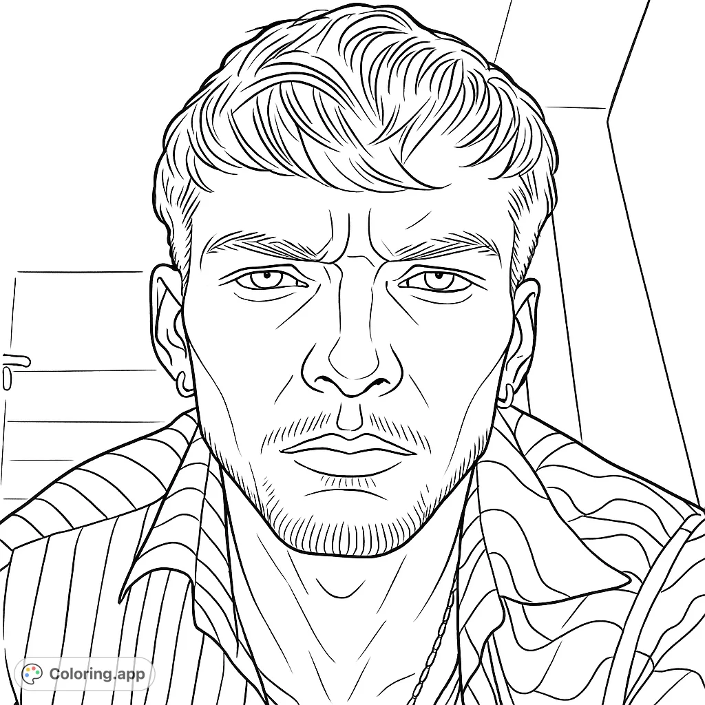 A striking portrait of a man with textured hair and a patterned shirt, offering a detailed and engaging coloring experience for all skill levels.