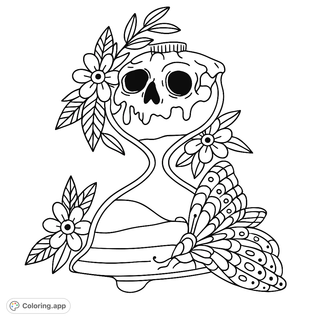 A unique skull hourglass coloring page adorned with delicate flowers and a detailed butterfly, blending gothic charm with natural beauty. Free printable coloring page.